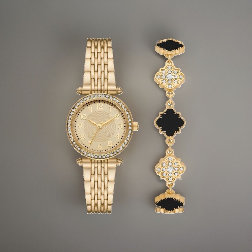 New Time and Tru Womens Gold-Tone Watch and Clover Bracelet Set-FMDXTT040